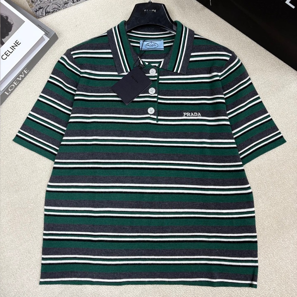 Prada Striped Knit Polo-neck Short Sleeve Shirt